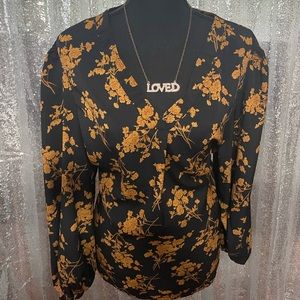 Shein Orange and black peasant sleeve floral print blouse